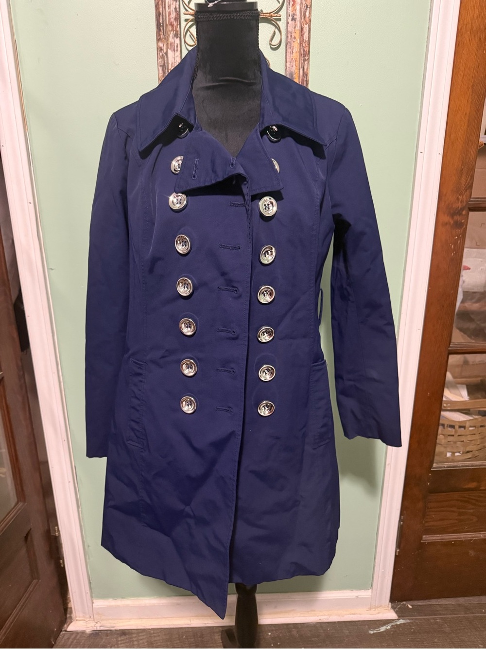 New York & company navy blue trench coat jacket large